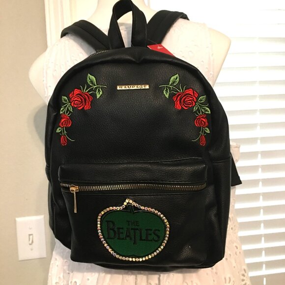 The Beatles Black & Rose Flower Backpack 10x12x5  So cute NEW  BB1 - Picture 1 of 8